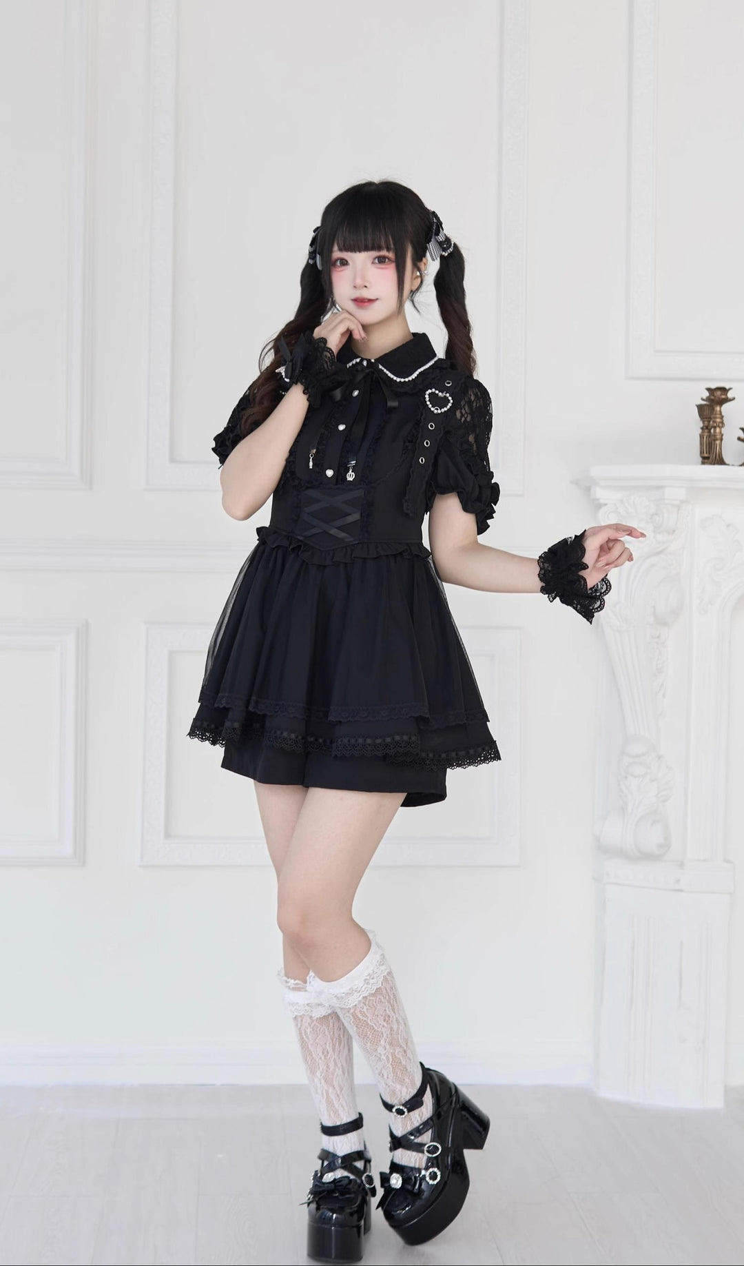 Jirai Kei Skirt Suit Lace Shoulder Blouse & Suspender Skirt (L M) 43293:772984