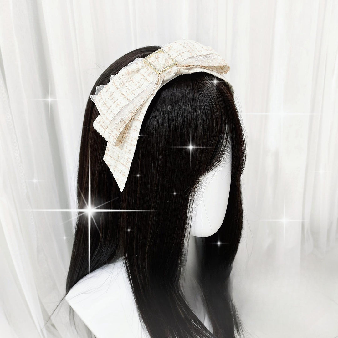 Jirai Kei Headband with Double-Layered Bow and Rhinestone 42323:740855