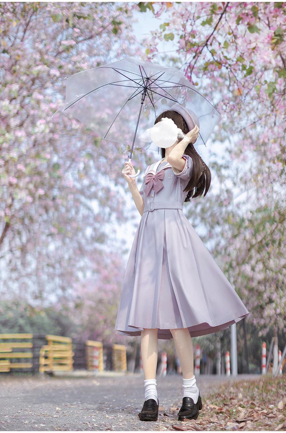 Light Purple JK Uniform Dress | Sailor Collar And Puffy Sleeves 42439:745387