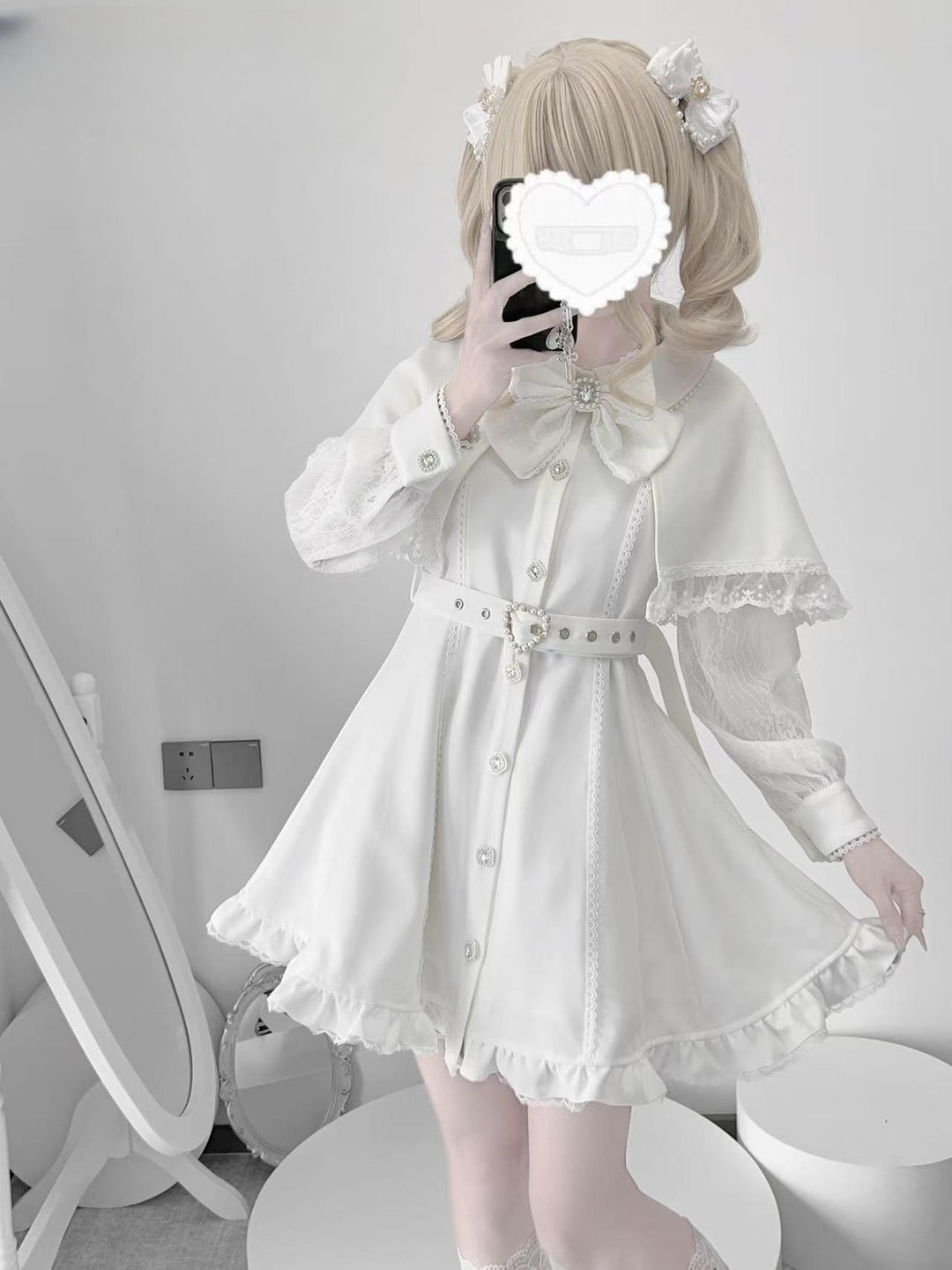 Long Sleeved Jirai Kei Dress with Detachable Cape & Pearl Bow (White / L M S) 42783:753030