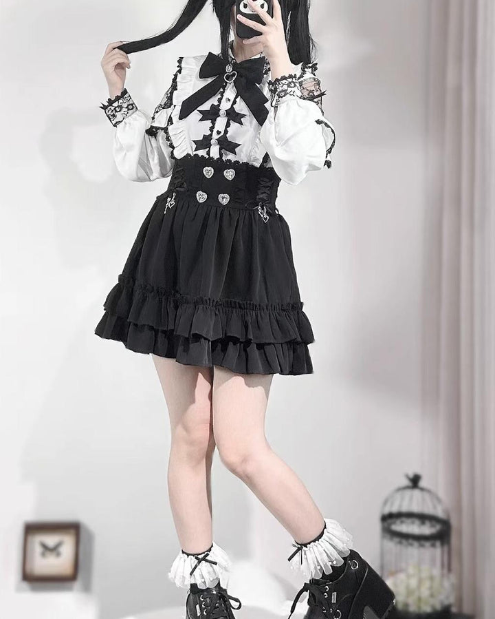 Black Jirai Kei Skirt With Flounce Hem + Heart Rhinestone 42711:752890