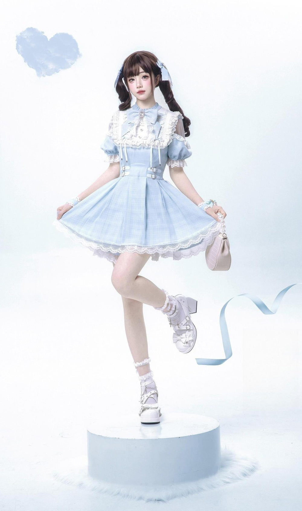Water Blue Jirai Kei Dress with Box Pleated Skirt And Square Rhinestone 42704:750881