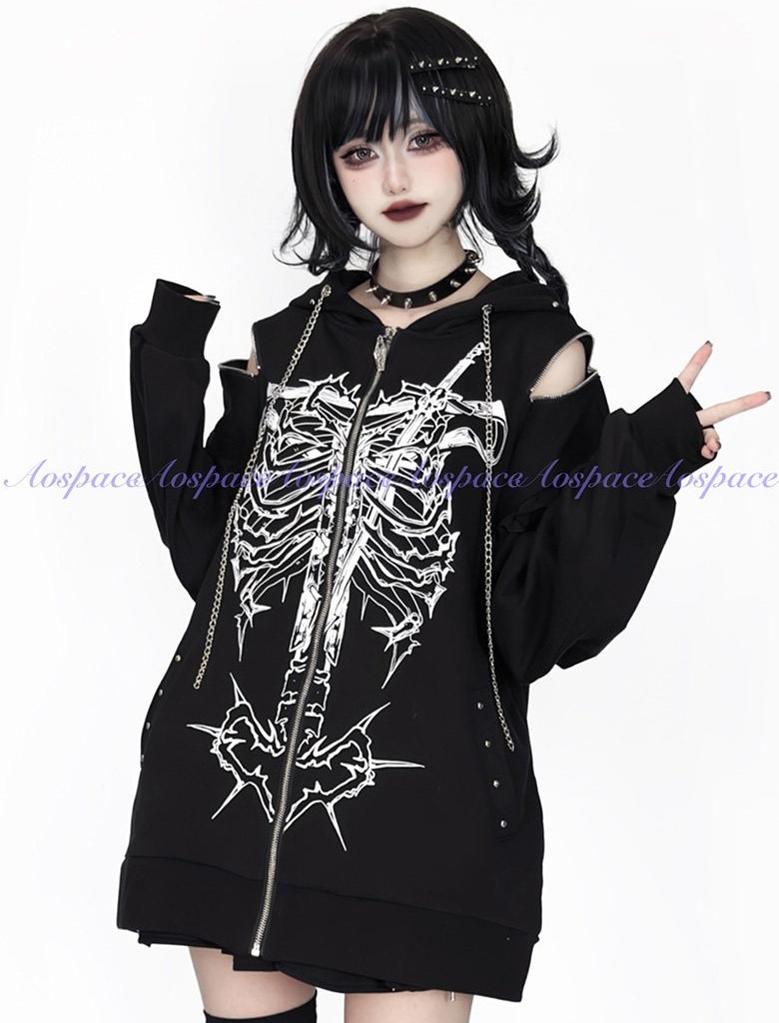 トップス SUBCULTURE HOODIE 2 Subculture Ribcage Printed Zipper Hoodie, Open Shoulder – Honey