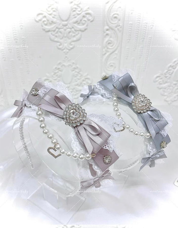 Jirai Kei Pearl Headband, Heart-Shaped Rhinestone & Bow 43296:772572