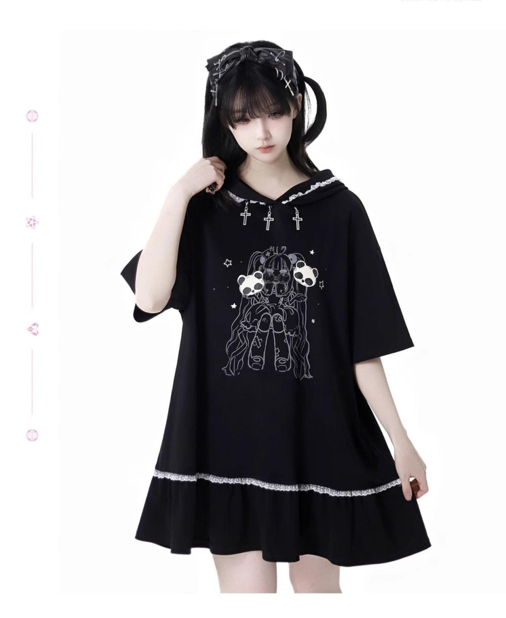 Black Cotton Sport-styled Jirai Kei Hoodie Dress & Shorts Set 42980:761492
