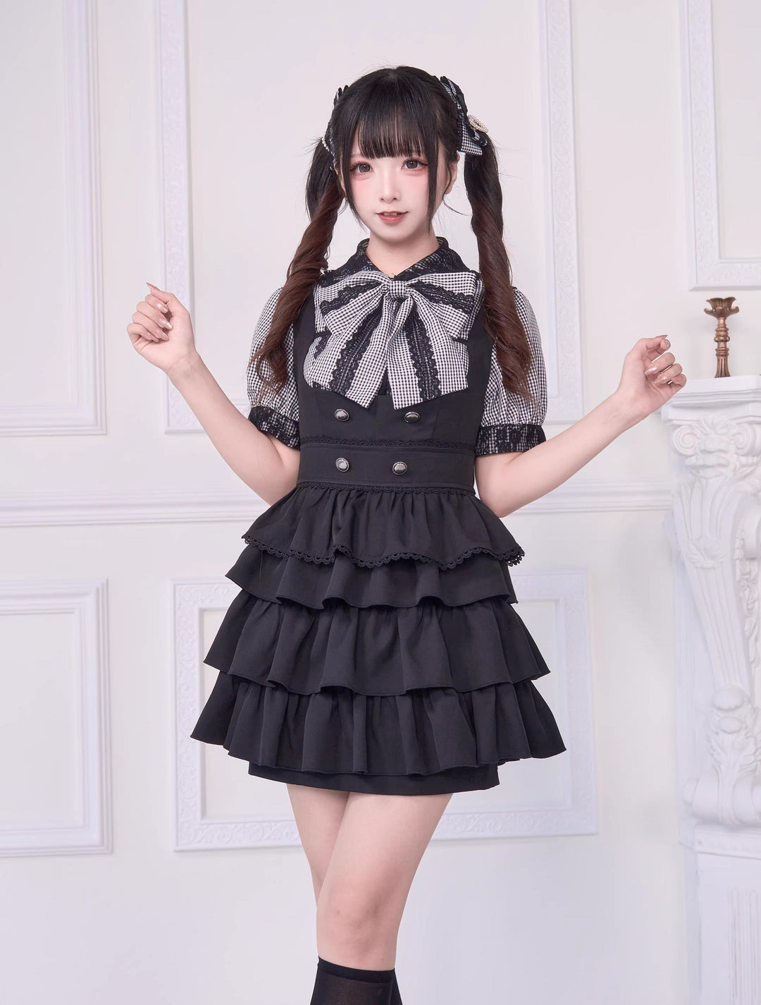 Jirai Kei Jumper Dress & Blouse, Detachable Tiered Ruffle Hem (L M) 43398:775478