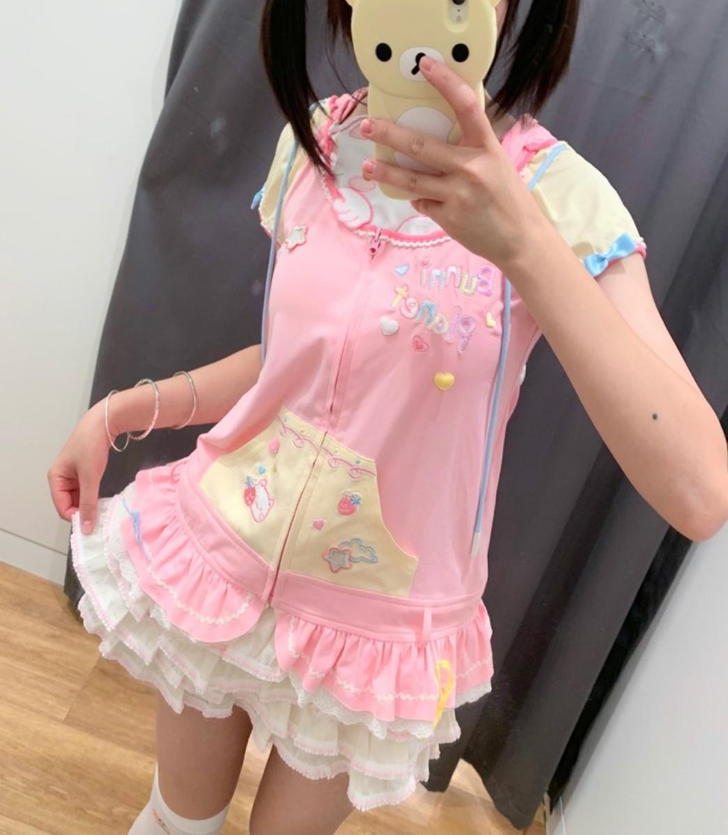 Kawaii T-shirt With Cat Ear Hood and Detachable Collar Flap 43031:765052