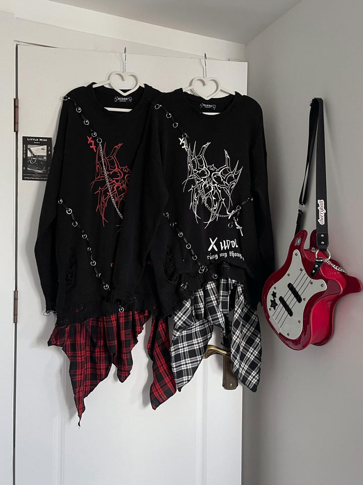 Punk Drop Shoulder Sweater with Asymmetry Shirt Hem 42615:756628