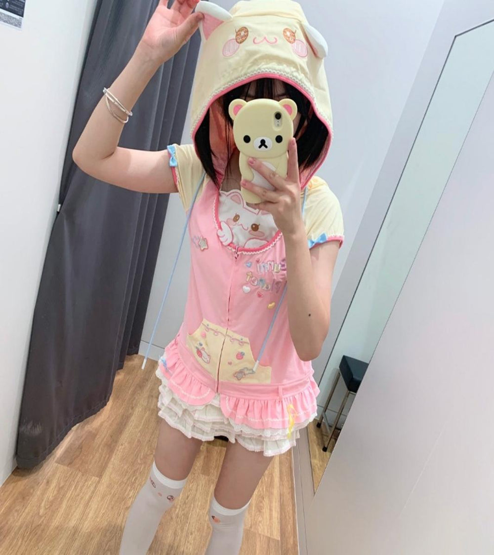 Kawaii T-shirt With Cat Ear Hood and Detachable Collar Flap 43031:765047