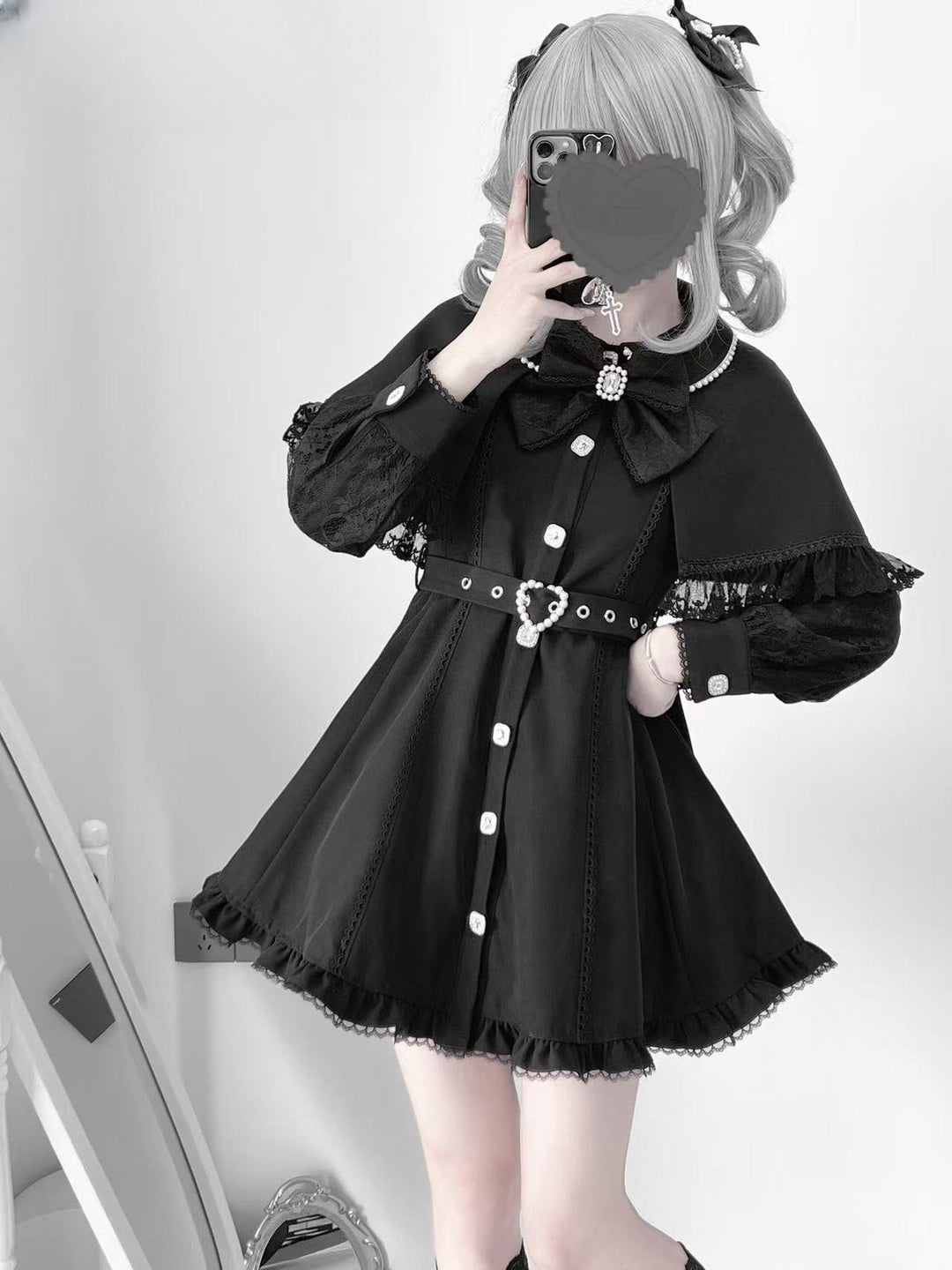Long Sleeved Jirai Kei Dress with Detachable Cape & Pearl Bow 42783:753029