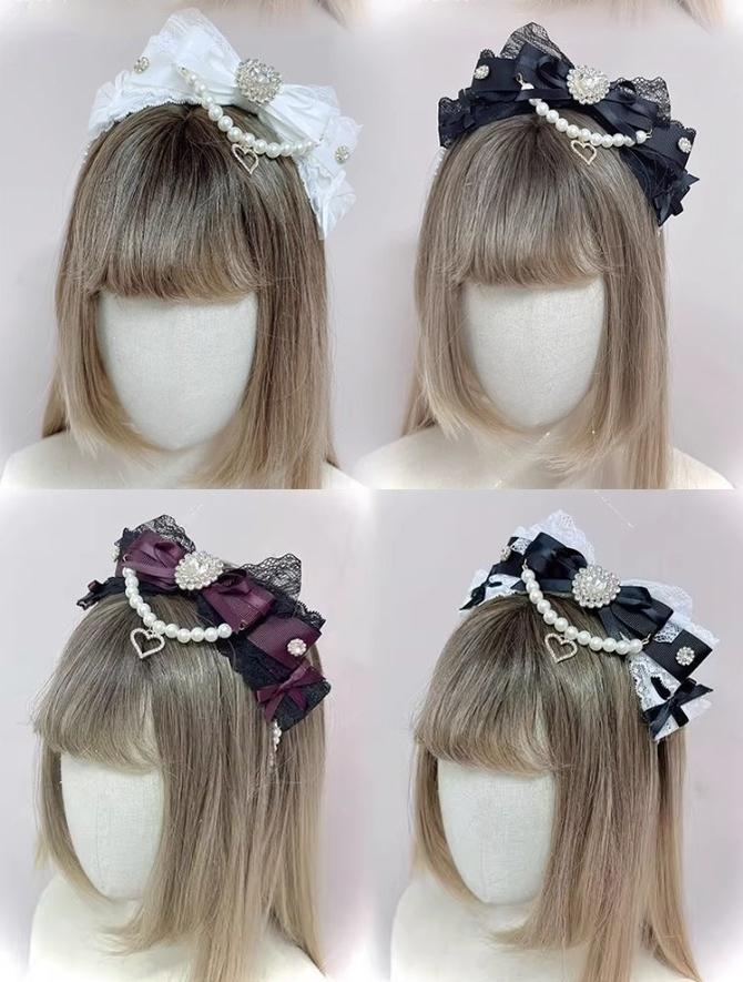 Jirai Kei Pearl Headband, Heart-Shaped Rhinestone & Bow 43296:772585