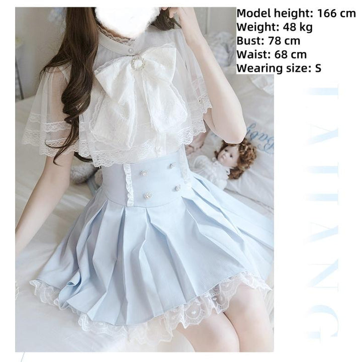 White Ryousangata Cape Blouse, BLue Pleated Skirt, Bow Tie 43066:766009
