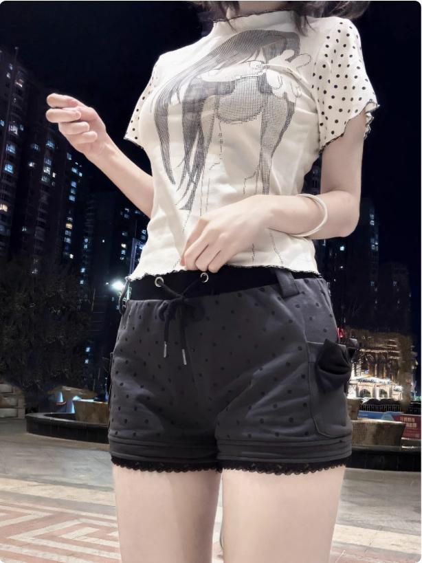 Kawaii Cotton Shorts Gray Shorts with Polka Dot and Bow 42806:755461