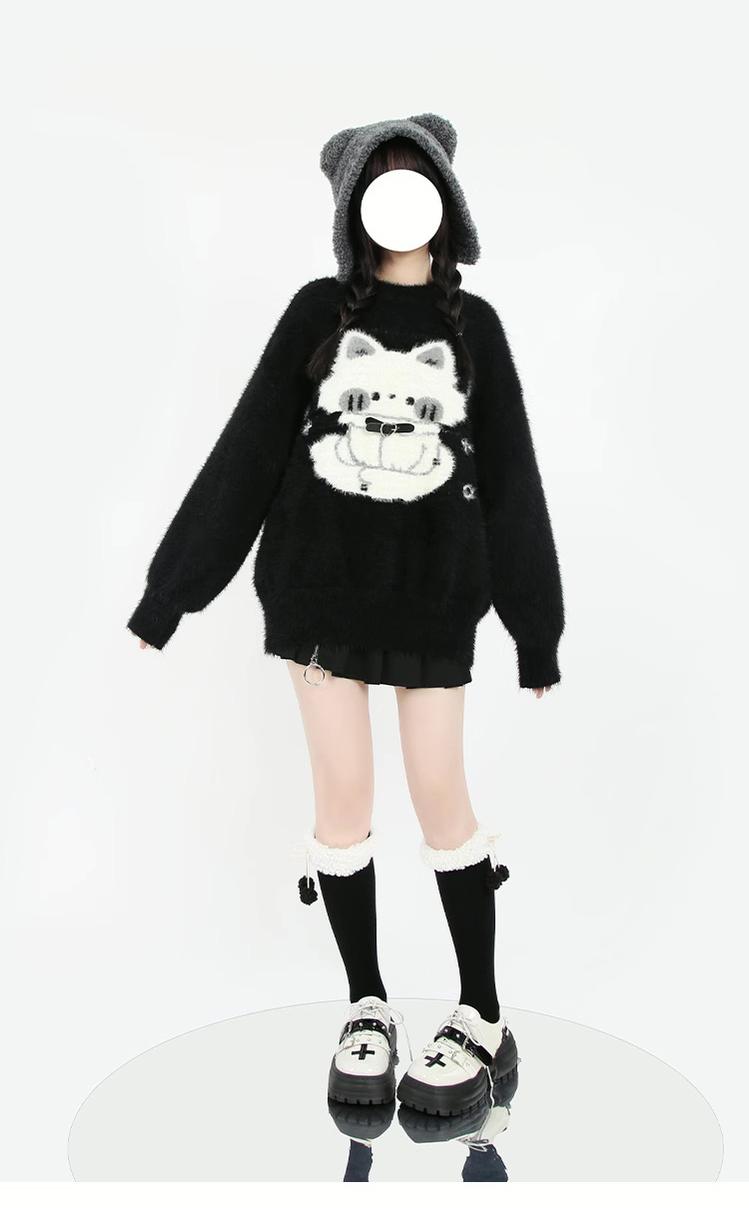 everyday i like. Fluffy sweater ブラック Jirai Kei Sweater Fluffy Kitten Print Oversized Thickening Sweater