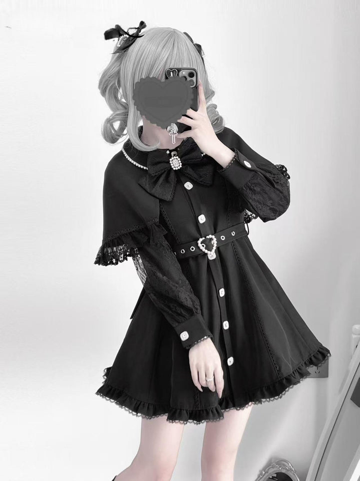 Long Sleeved Jirai Kei Dress with Detachable Cape & Pearl Bow (Black / L M S) 42783:753028