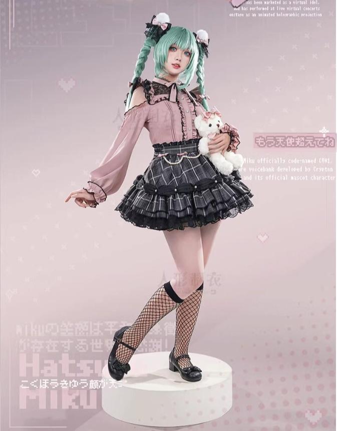 Pink Jirai Kei Ruffle Blouse | Black Plaid Skirt | Cosplay Accessory 42602:746985