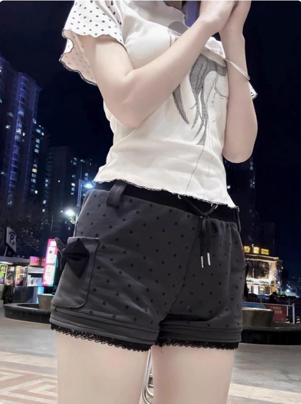 Kawaii Cotton Shorts Gray Shorts with Polka Dot and Bow 42806:755462