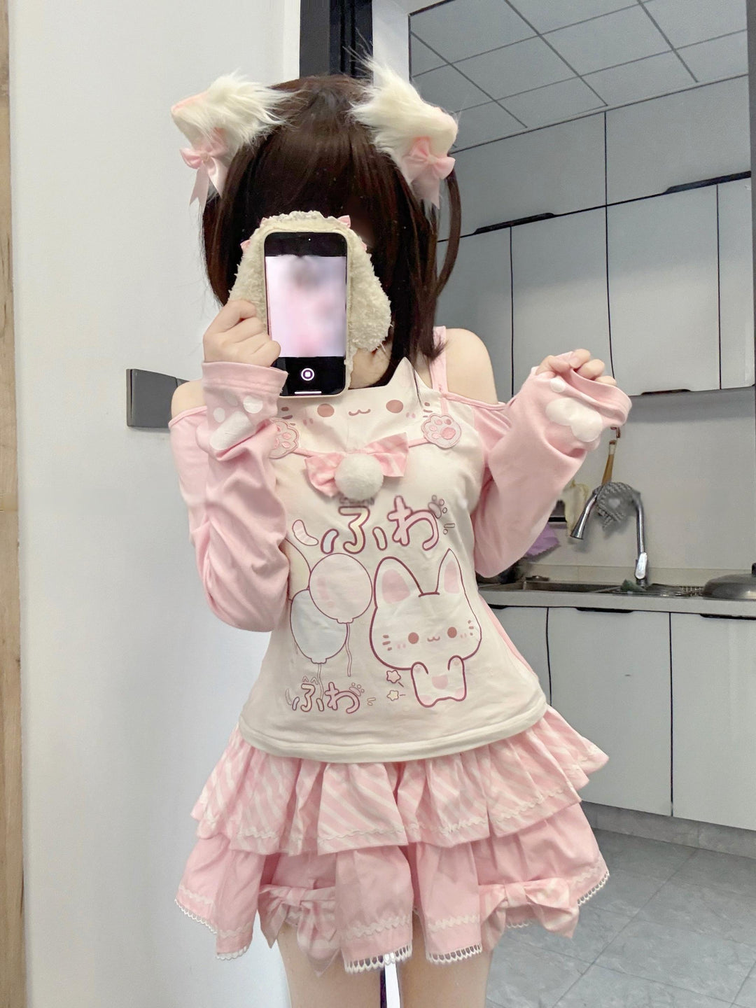 Kawaii Cat-Print Cotton Skirt Off-Shoulder Top with Choker (L S) 42812:755927