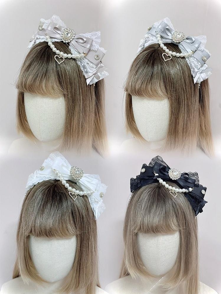 Jirai Kei Pearl Headband, Heart-Shaped Rhinestone & Bow 43296:772584