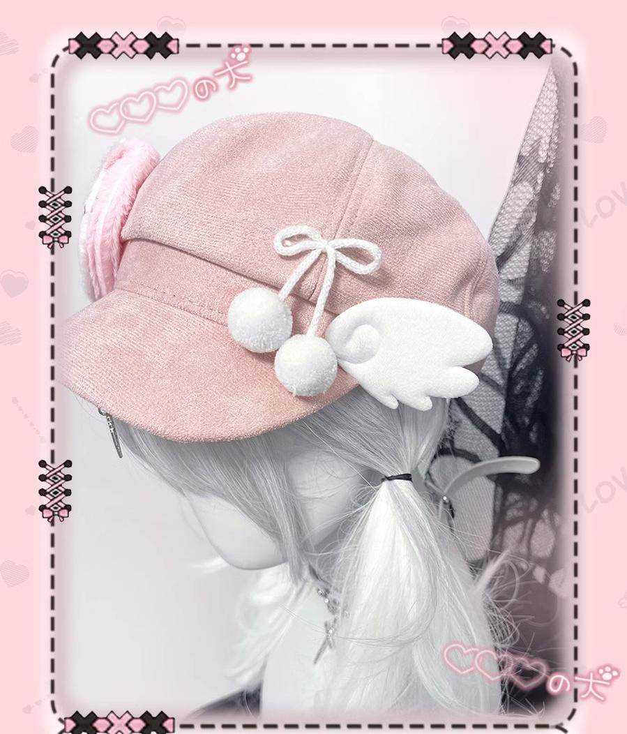 Kawaii Pink Beret with Cat Wings and Heart-shaped Pendant 42643:748489