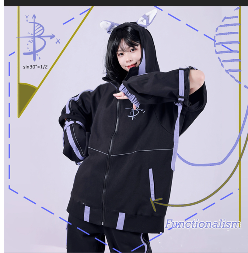 Plus Size Jirai Kei Jacket With Bunny Ears Functional Hoodie Pants Set 39126:615750