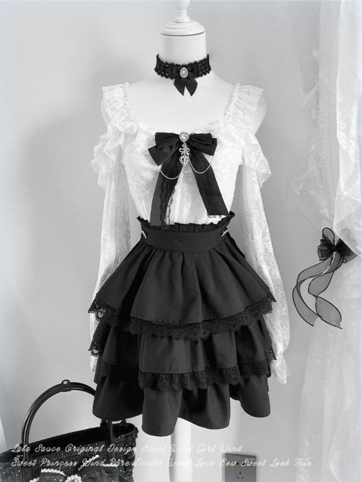 Lightweight Lace Jirai Kei Blouse With Lining & Tiered Skirt (L M S XL) 43298:772889