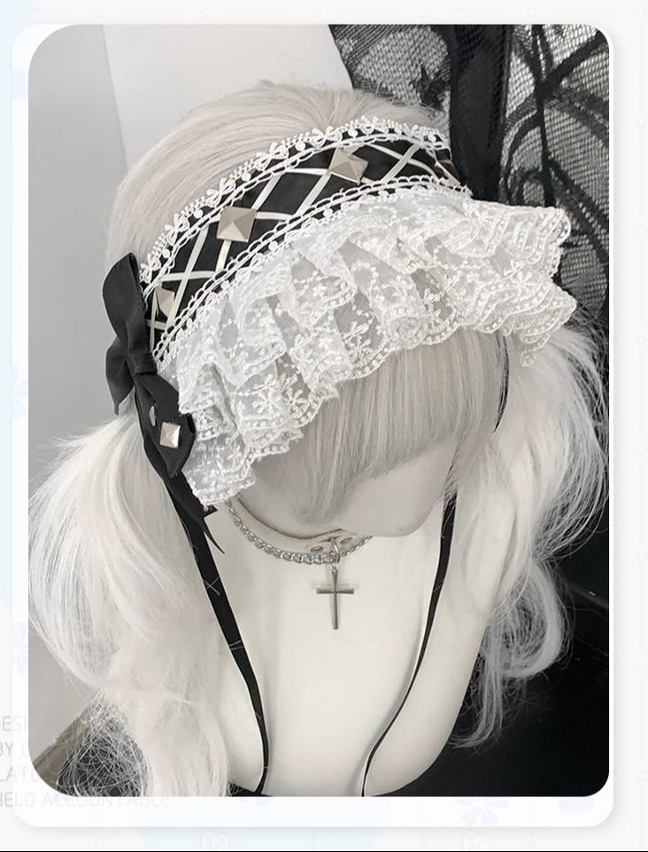Jirai Kei Hairband with Ribbon Lace and Rivets 42804:754728