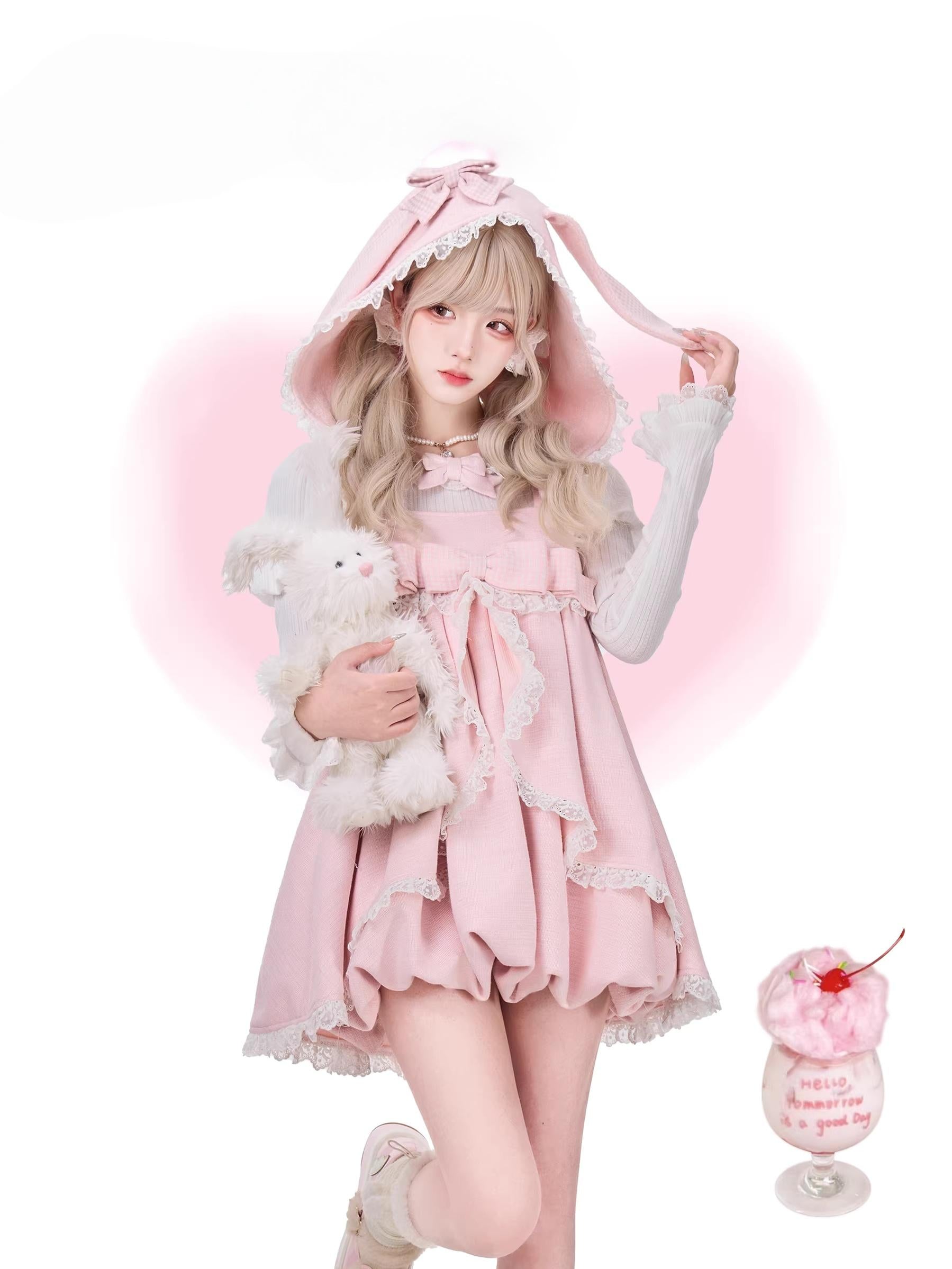 Pink Ryousangata Dress, Detachable Bunny Ear Hood – Honey Wardrobe