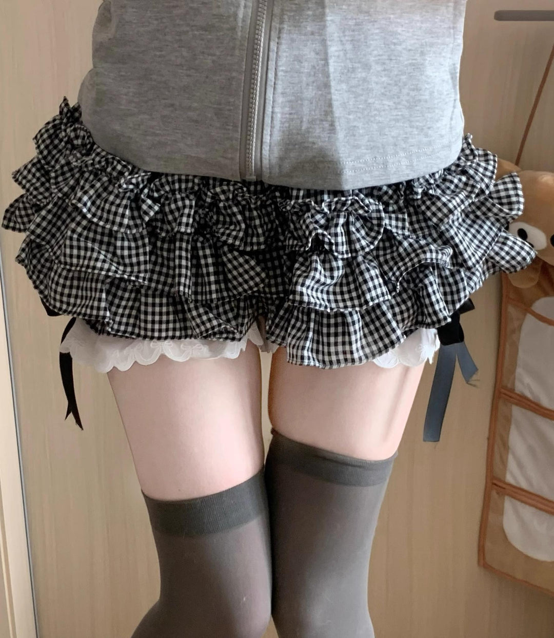 Plaid Kawaii Mini Skirt, Built-In Shorts With Bow & Scalloped Hem 43323:775114