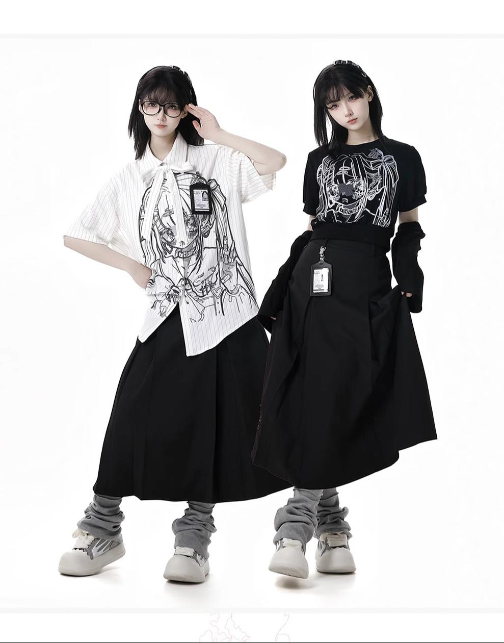 Oversized Summer Printed Shirt & Pleated Skirt, Otaku Style Outfit 43444:777260