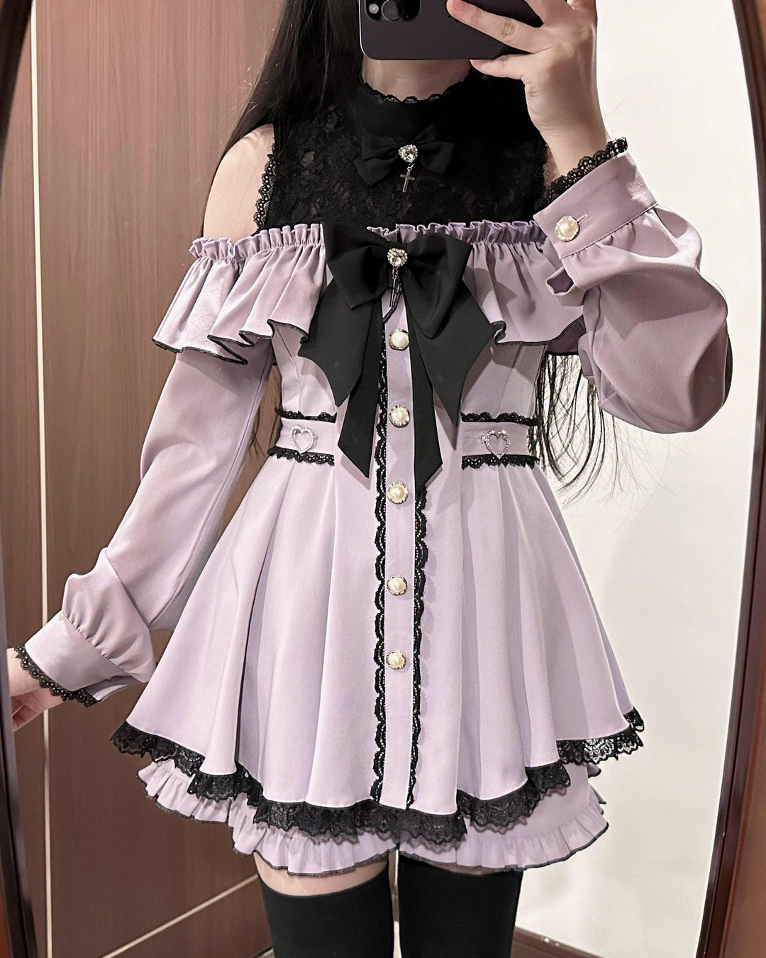 Jirai Kei Dress Set, Open-Shoulder Dress, Lace Patchwork (Purple / 2XL 3XL 4XL L M S XL XS) 41552:778869