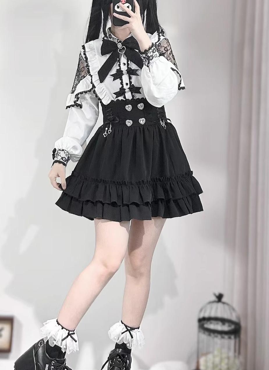 Black Jirai Kei Skirt With Flounce Hem + Heart Rhinestone 42711:752892