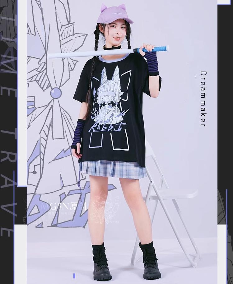 Mechanical Rabbit Print Shirt Purple Pleated Skirt 39060:612162