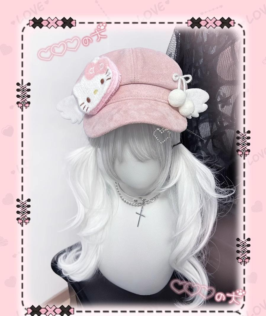 Kawaii Pink Beret with Cat Wings and Heart-shaped Pendant 42643:748486