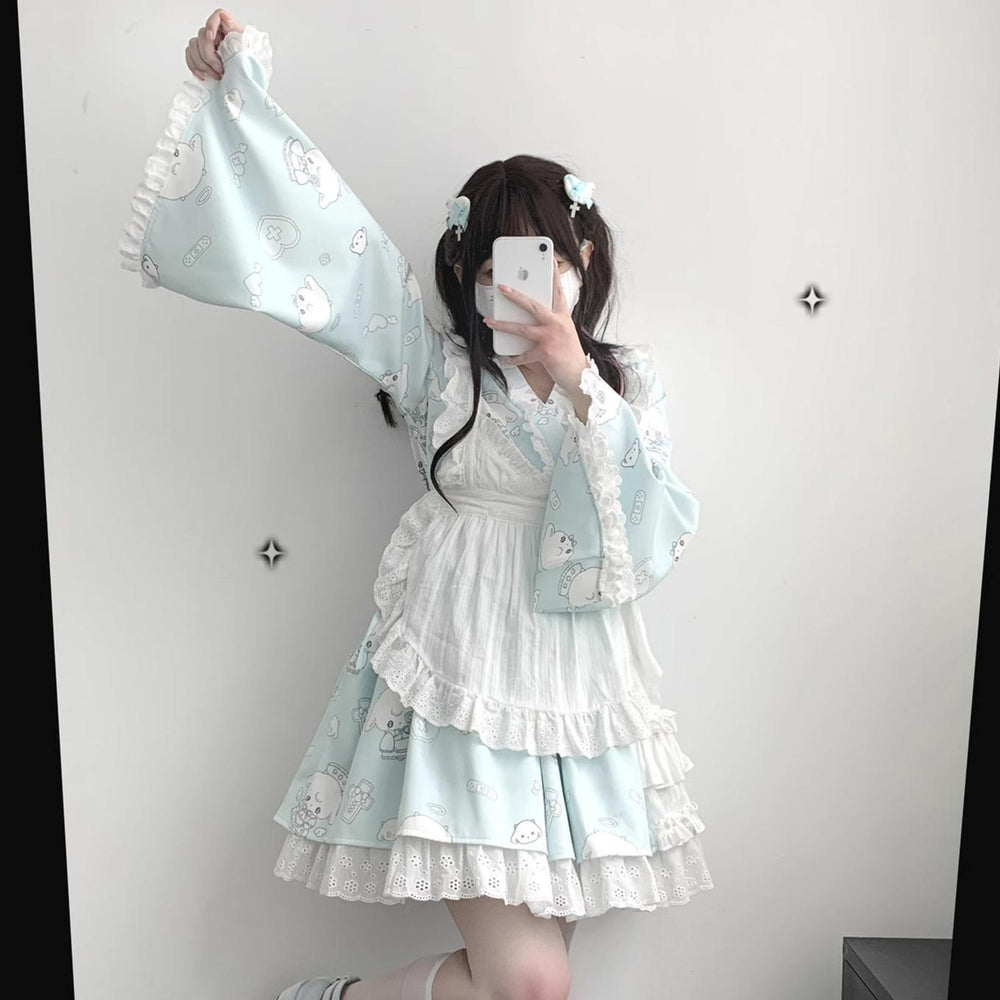 Patchwork Skirt Kimono Top White Apron Three-Piece Set 36786:536710