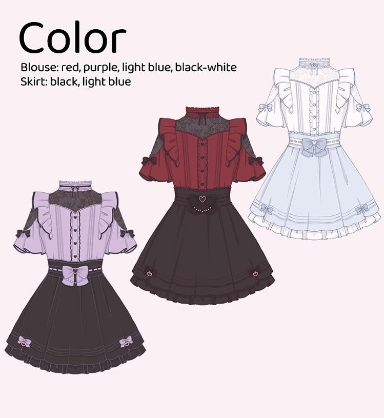 Lace Shoulder Jirai Kei Blouse + High Waist Skirt, Cross Pendant 35596:538262