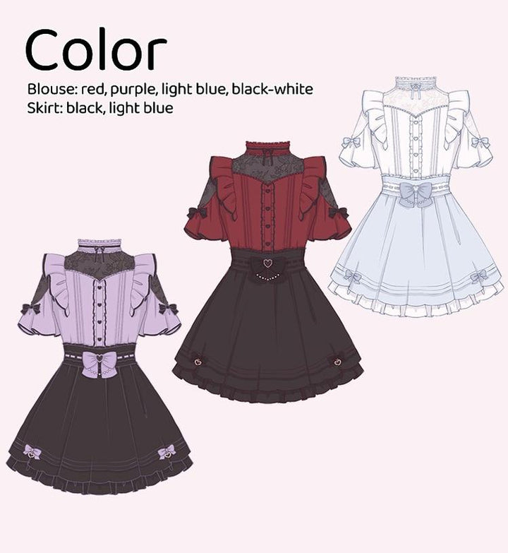 Lace Shoulder Jirai Kei Blouse + High Waist Skirt, Cross Pendant 35596:538262