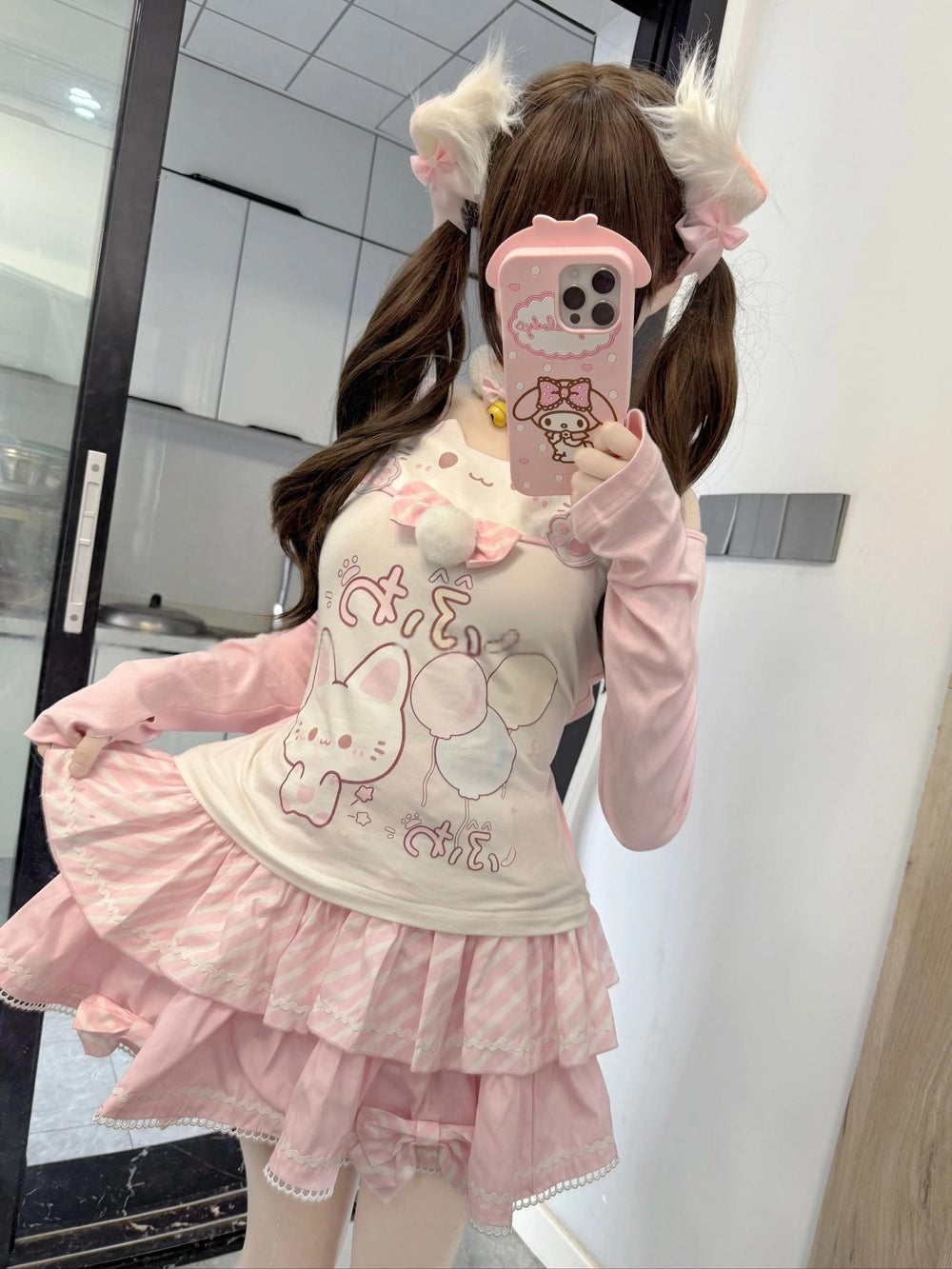 Kawaii Cat-Print Cotton Skirt Off-Shoulder Top with Choker (L S) 42812:755924