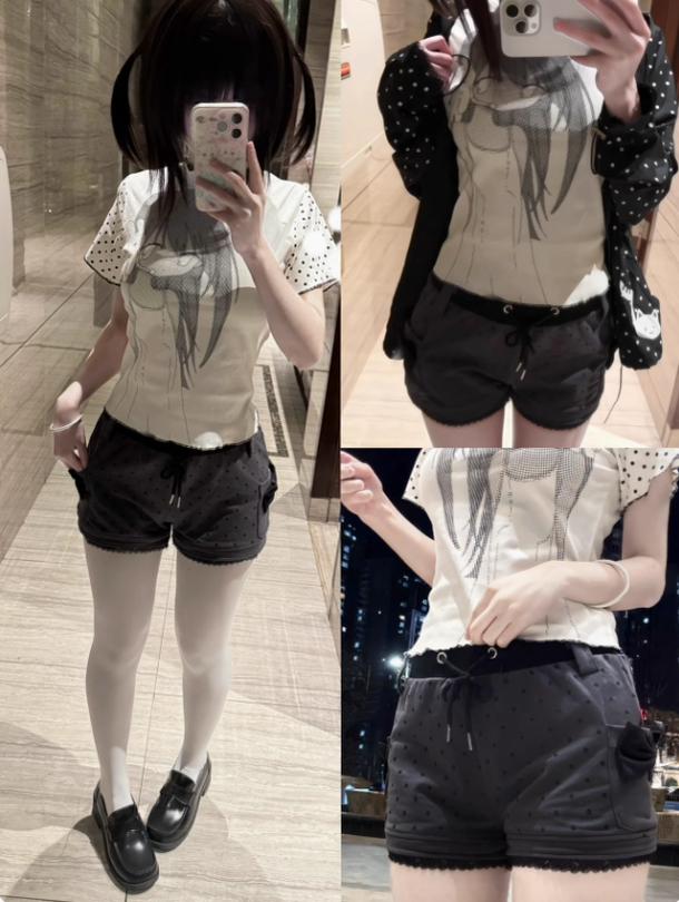 Kawaii Cotton Shorts Gray Shorts with Polka Dot and Bow 42806:755463