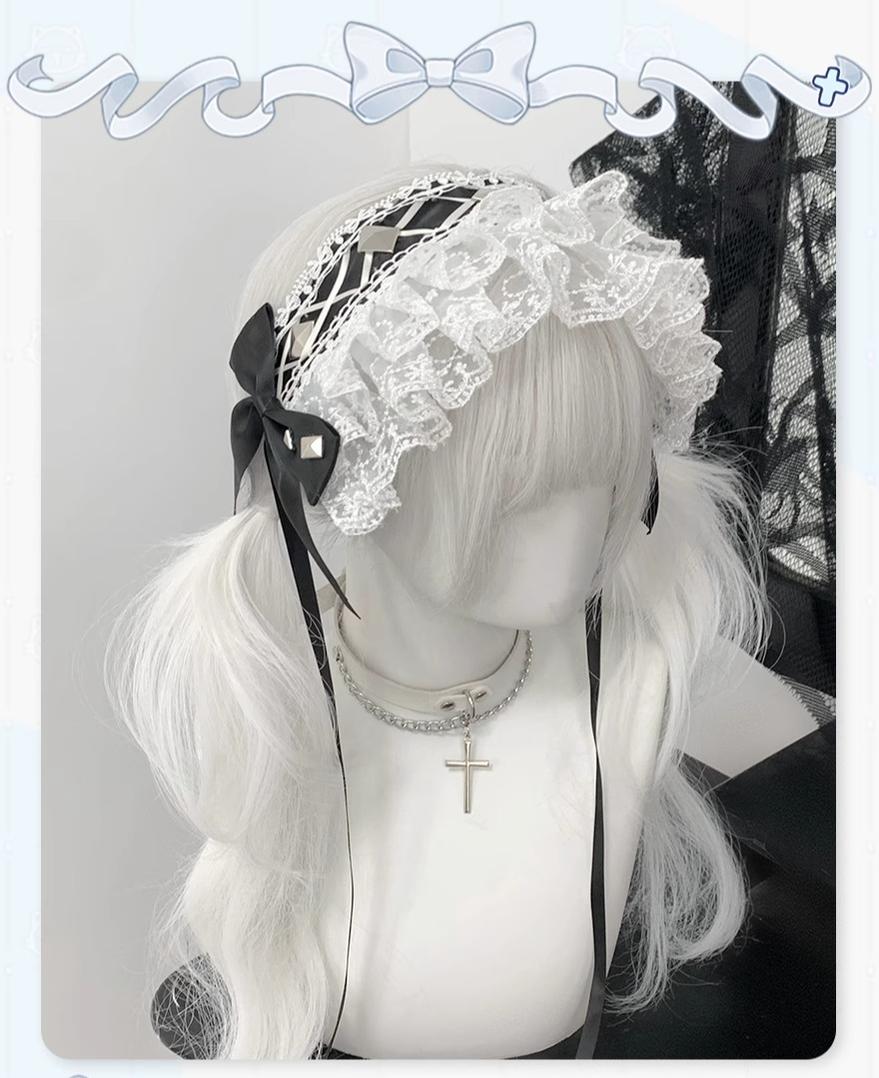 Jirai Kei Hairband with Ribbon Lace and Rivets 42804:754730