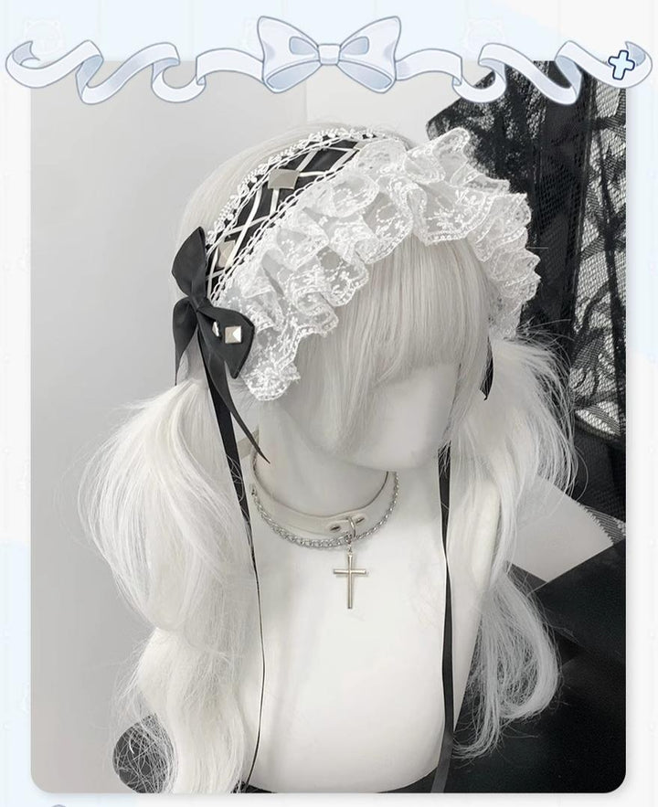Jirai Kei Hairband with Ribbon Lace and Rivets 42804:754730