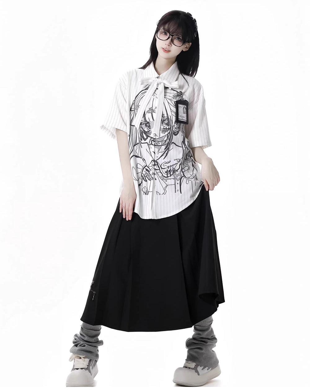 Oversized Summer Printed Shirt & Pleated Skirt, Otaku Style Outfit 43444:777234