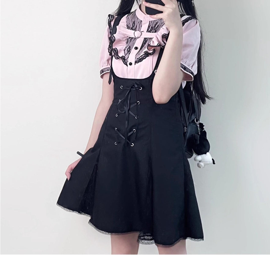 Jirai Kei Bi-color Blouse, Suspender Skirt Set (L M S XL) 21976:365288