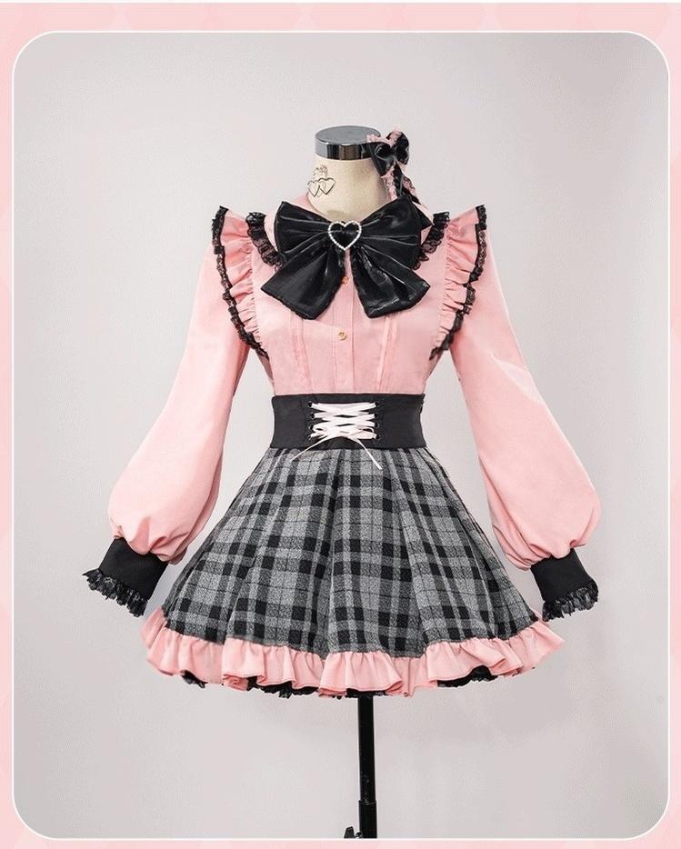 Cosplay Plaid Jirai Kei Skirt And Pink Blouse With Heart-shaped Buttons (L M S XL) 42645:749762
