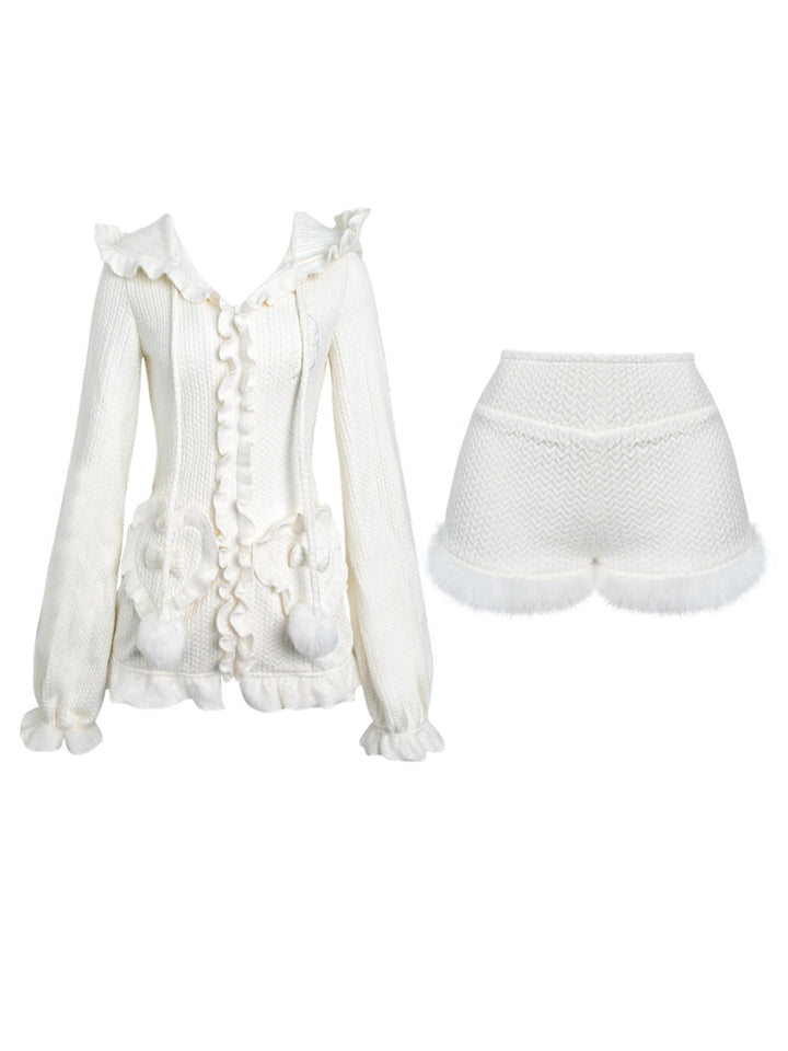 Kawaii Cardigan White Knitted Bunny Hoodie And Shorts 41128:692130