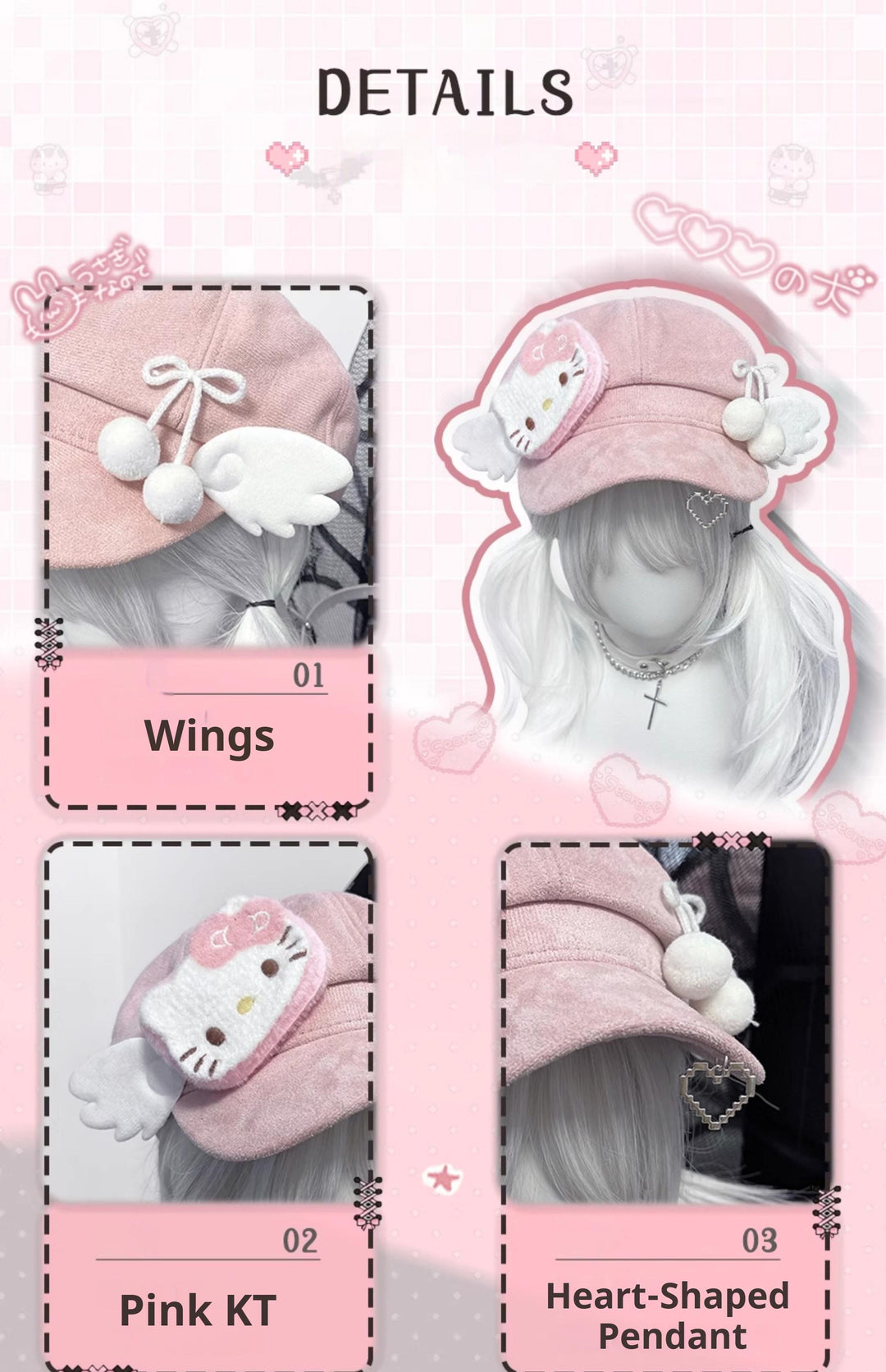 Kawaii Pink Beret with Cat Wings and Heart-shaped Pendant 42643:748522