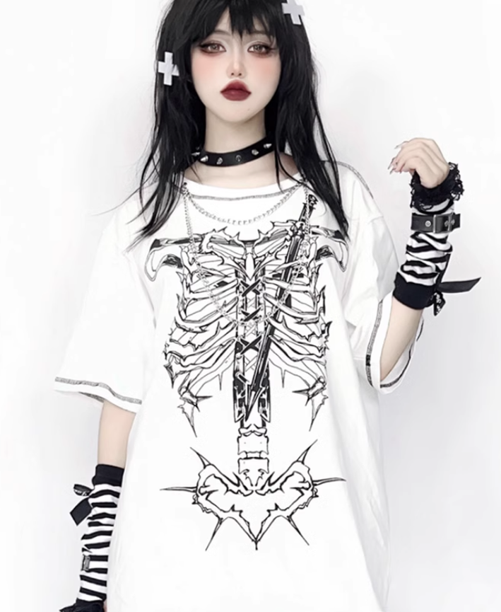 Gothic T-shirt Punk Ribbone Print Top Drop-Shoulder Shirt 39132:614784