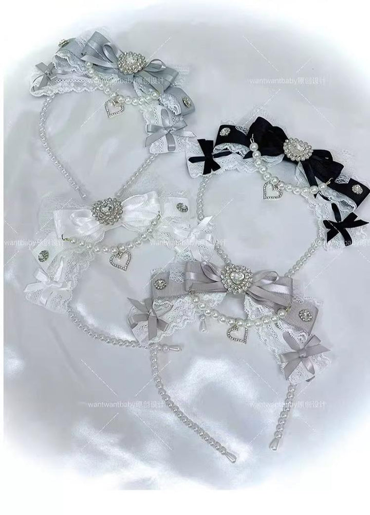 Jirai Kei Pearl Headband, Heart-Shaped Rhinestone & Bow 43296:772581