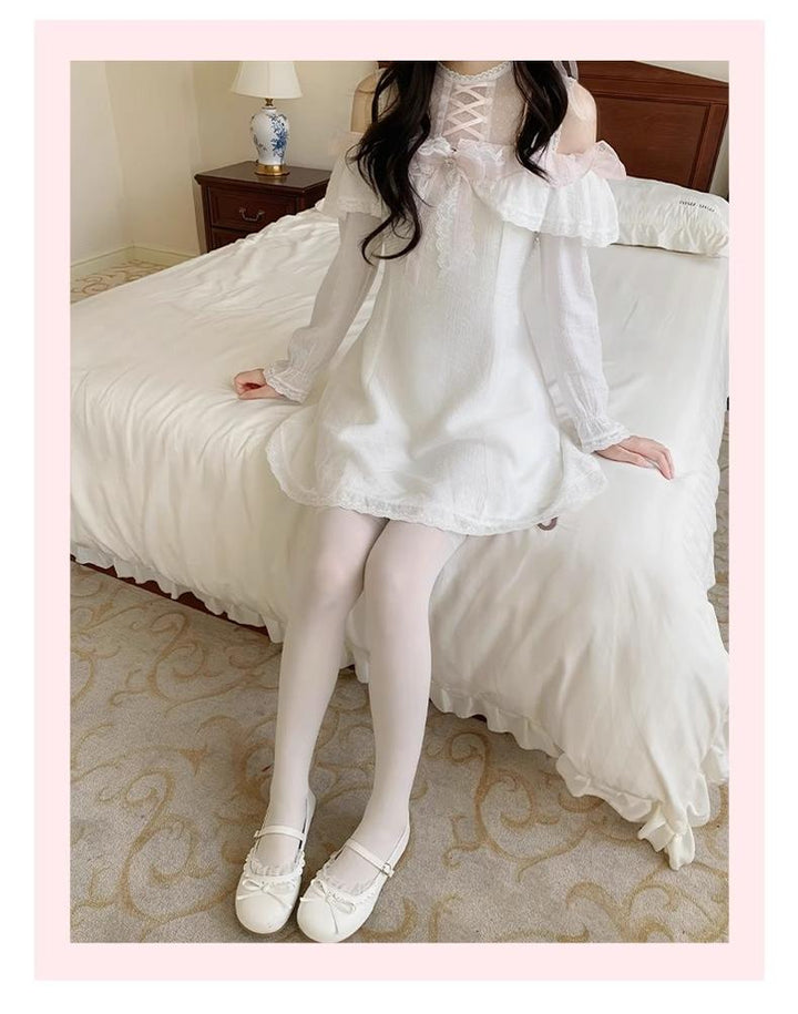 Ryousangata Open Shoulder A-Line Dress with Lace & Bow 43070:765947