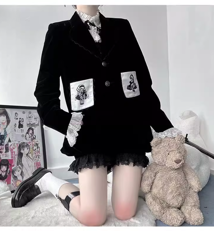 Ouji Lolita Prince Outfit Set Black Skirt Velvet Shorts Set 39368:631970